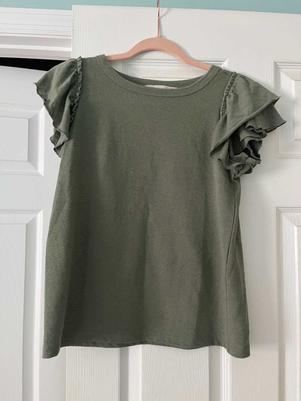 LOFT Olive Green Ruffle Sleeve Short Sleeve Top